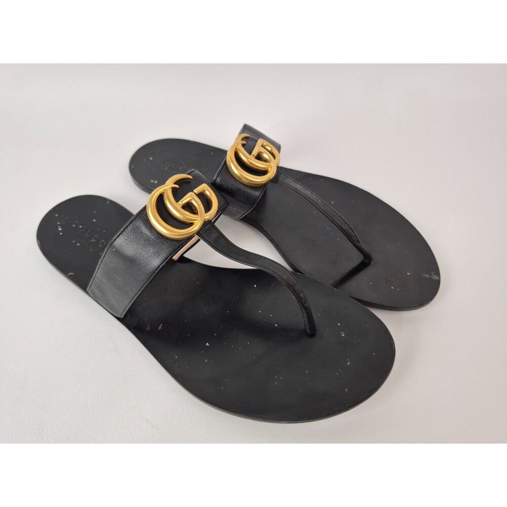 Gucci Women's Black Marmont Leather Thong Sandals Flip Flops Double GG Size 38
